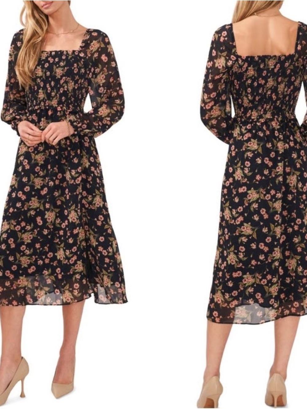 1. State Black Floral Square-Neck Midi Dress with Pink and Green Print